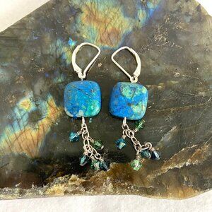 Sterling Silver 925 Square Azurite Bi-Cone Beaded Leverback Dangle Earrings